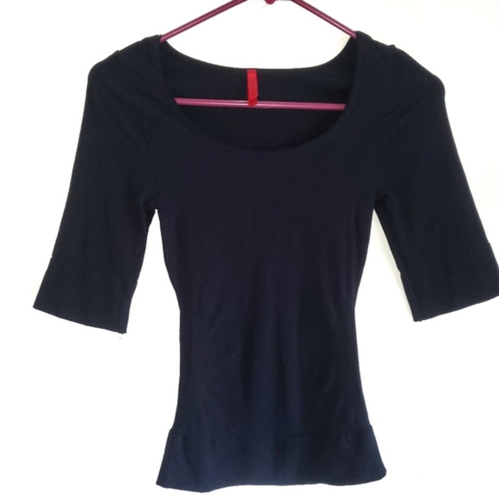 Spanx On Top & In Control Black Elbow Length Scoop Neck Shapewear Top sz Large